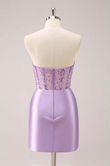 Glittrande Beading Lila Korsett Kort Tight Homecoming Klänning